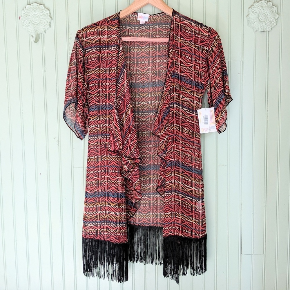 LuLaRoe Fringed Cover Up Kimono Robe Southwestern Geometric Boho Monroe S NWT